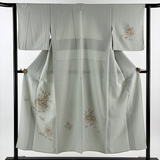 付下 身長150cm 袖長61.5cm S 單層 花籠 刺繡 金線 灰綠 純蠶絲 秀品級 一個紋