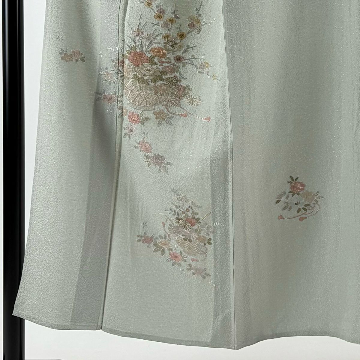付下 身長150cm 袖長61.5cm S 單層 花籠 刺繡 金線 灰綠 純蠶絲 秀品級 一個紋