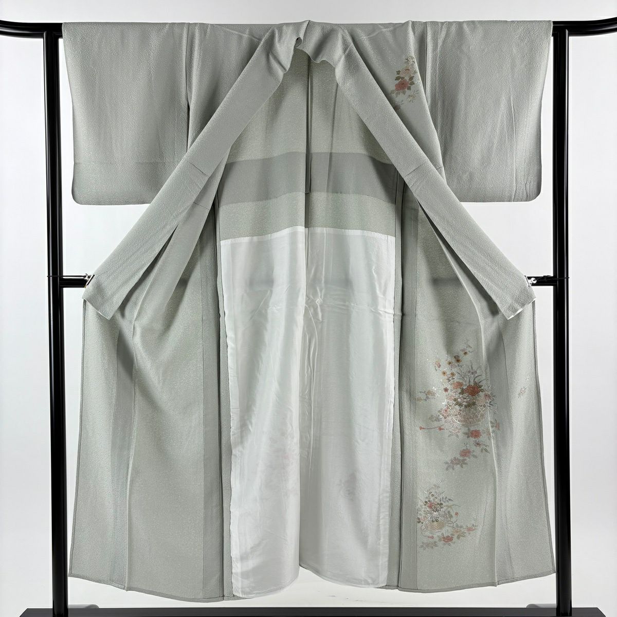 付下 身長150cm 袖長61.5cm S 單層 花籠 刺繡 金線 灰綠 純蠶絲 秀品級 一個紋