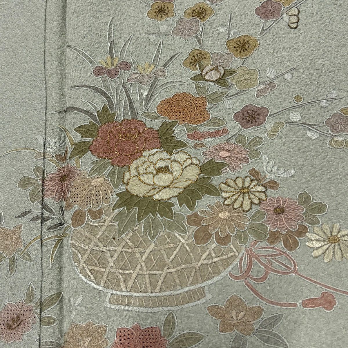 付下 身長150cm 袖長61.5cm S 單層 花籠 刺繡 金線 灰綠 純蠶絲 秀品級 一個紋