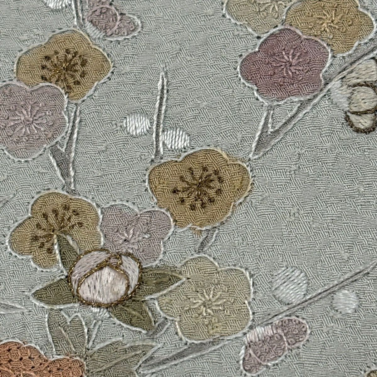 付下 身長150cm 袖長61.5cm S 單層 花籠 刺繡 金線 灰綠 純蠶絲 秀品級 一個紋