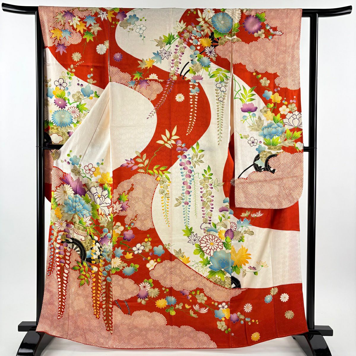 振袖禮服 身長164cm 袖長62.5cm S 雙層 花車 雲文 金絲 金銀彩 朱 純蠶絲 秀品級