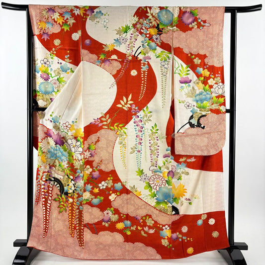 振袖禮服 身長164cm 袖長62.5cm S 雙層 花車 雲文 金絲 金銀彩 朱 純蠶絲 秀品級