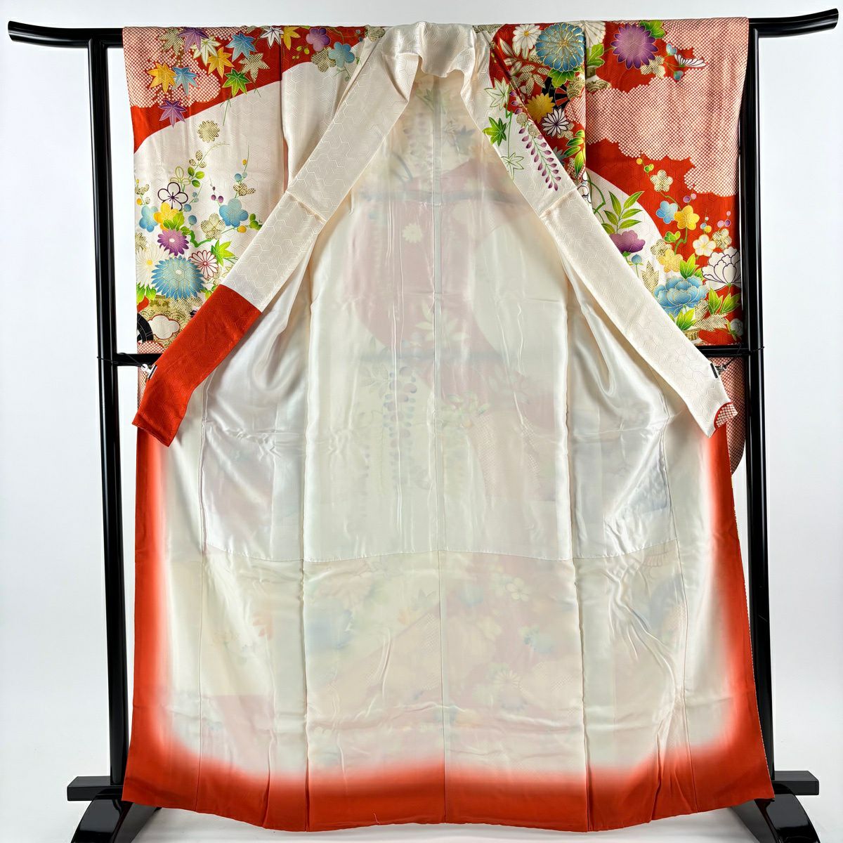 振袖禮服 身長164cm 袖長62.5cm S 雙層 花車 雲文 金絲 金銀彩 朱 純蠶絲 秀品級