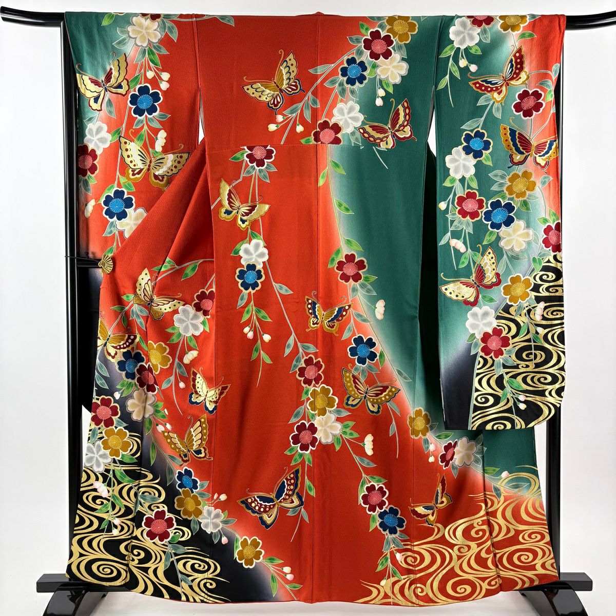 【美品】振袖禮服 身長160cm 袖長66cm M 雙層 枝垂櫻 蝴蝶 金銀彩 染分 朱紅 純蠶絲 秀品級