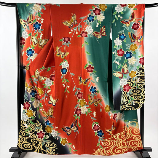【美品】振袖禮服 身長160cm 袖長66cm M 雙層 枝垂櫻 蝴蝶 金銀彩 染分 朱紅 純蠶絲 秀品級