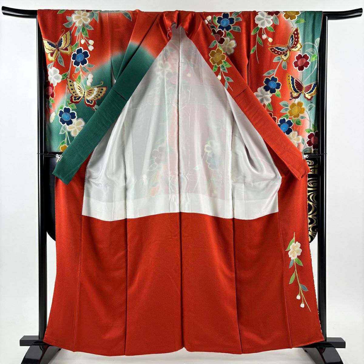 【美品】振袖禮服 身長160cm 袖長66cm M 雙層 枝垂櫻 蝴蝶 金銀彩 染分 朱紅 純蠶絲 秀品級