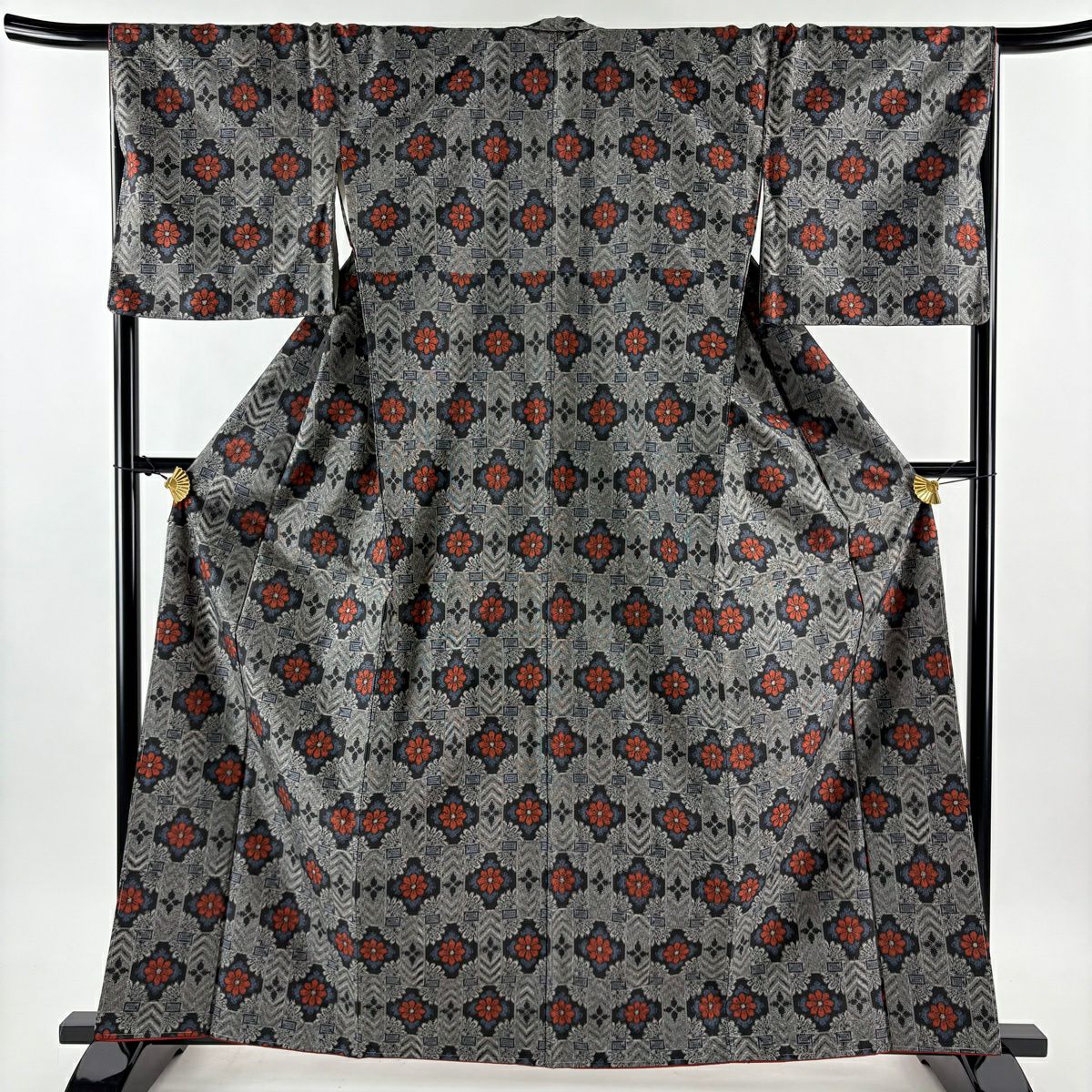 【美品】 紬織 身長162cm 袖長67cm M 雙層 套裝 證書附帶 花 菱 灰 純蠶絲 優品級