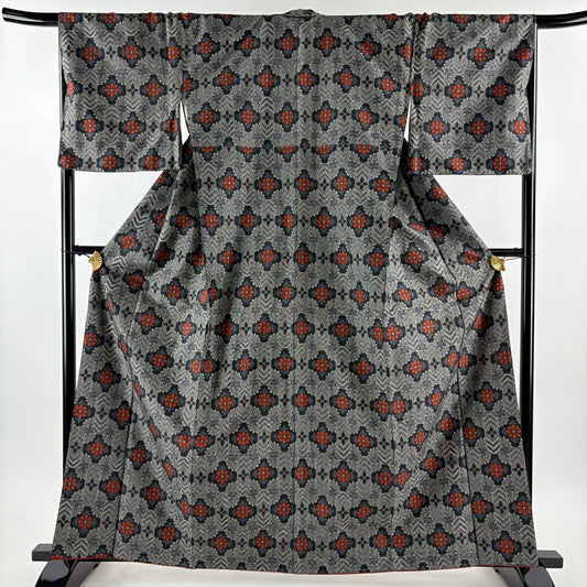 【美品】 紬織 身長162cm 袖長67cm M 雙層 套裝 證書附帶 花 菱 灰 純蠶絲 優品級