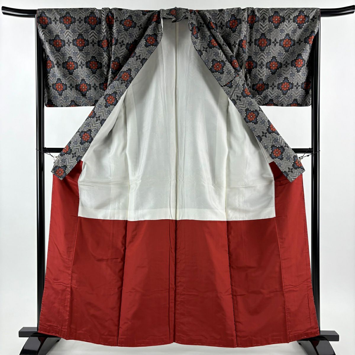 【美品】 紬織 身長162cm 袖長67cm M 雙層 套裝 證書附帶 花 菱 灰 純蠶絲 優品級