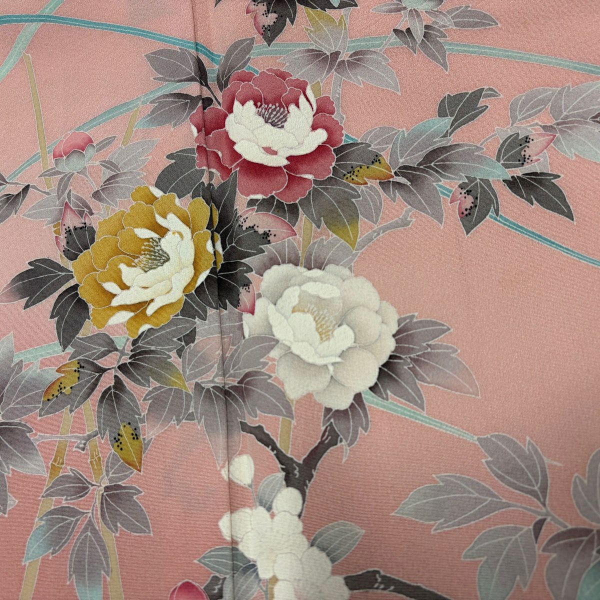 訪問服 身長162.5cm 袖長70cm L 雙層 附有落款 草花紋紋 枝花 粉紅 純蠶絲 優品級