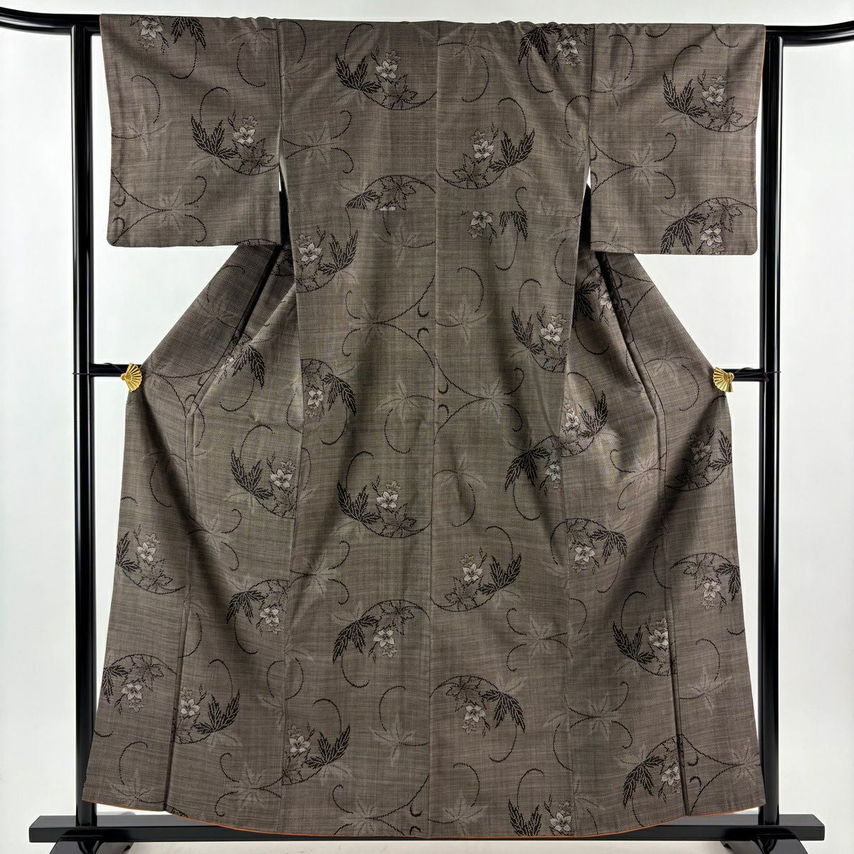 【美品】 大島織 身長158.5cm 袖長63cm S 雙層 純泥染 證書附帶 花唐草紋 焦茶 純蠶絲 優品級