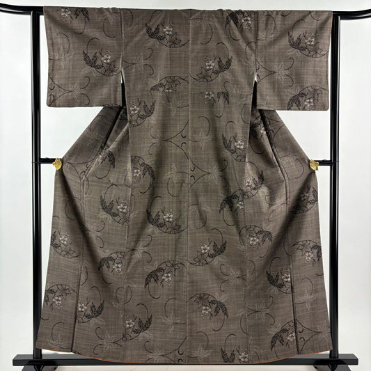 【美品】 大島織 身長158.5cm 袖長63cm S 雙層 純泥染 證書附帶 花唐草紋 焦茶 純蠶絲 優品級