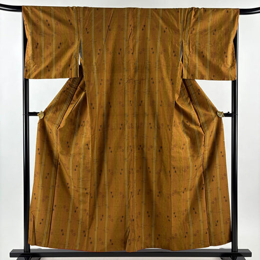 【美品】 紬織 身長154cm 袖長67.5cm L 雙層 縞 燕 山吹茶 純蠶絲 秀品級