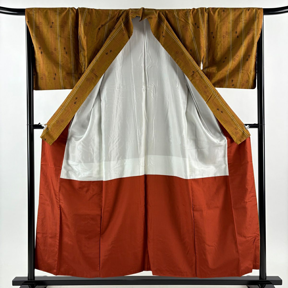 【美品】 紬織 身長154cm 袖長67.5cm L 雙層 縞 燕 山吹茶 純蠶絲 秀品級