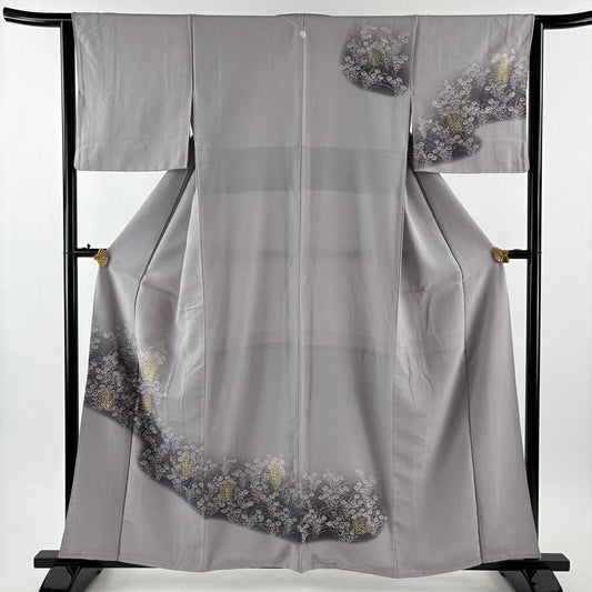 訪問服 身長158cm 袖長63cm S 雙層 菊花 霞 金彩裝飾 漸層 灰 純蠶絲 秀品級 一つ紋