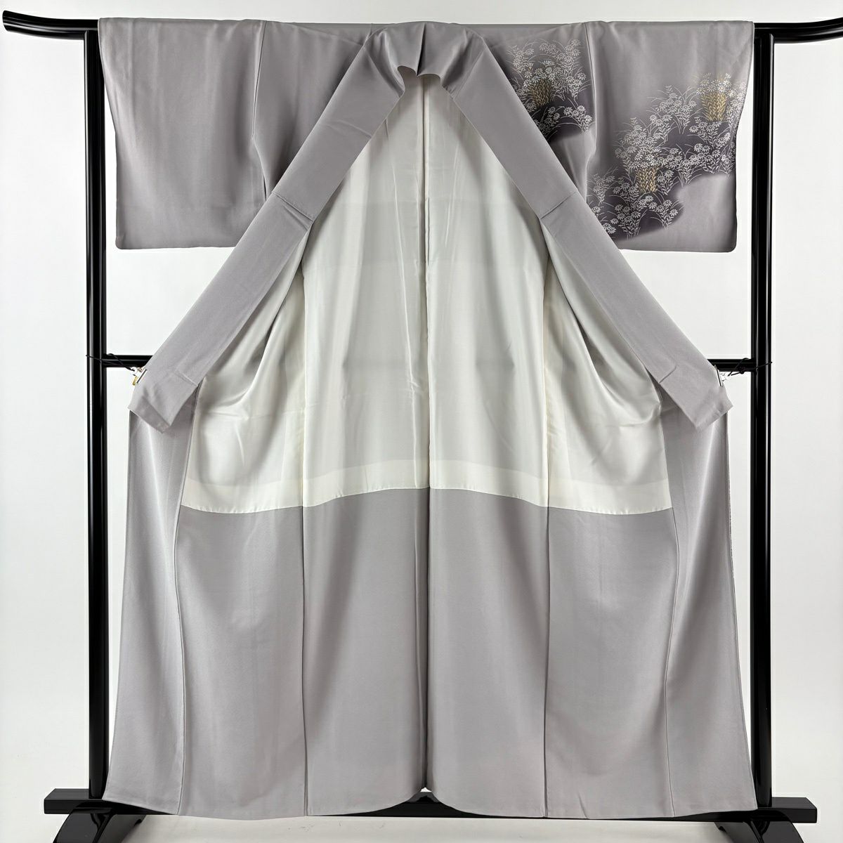 訪問服 身長158cm 袖長63cm S 雙層 菊花 霞 金彩裝飾 漸層 灰 純蠶絲 秀品級 一つ紋
