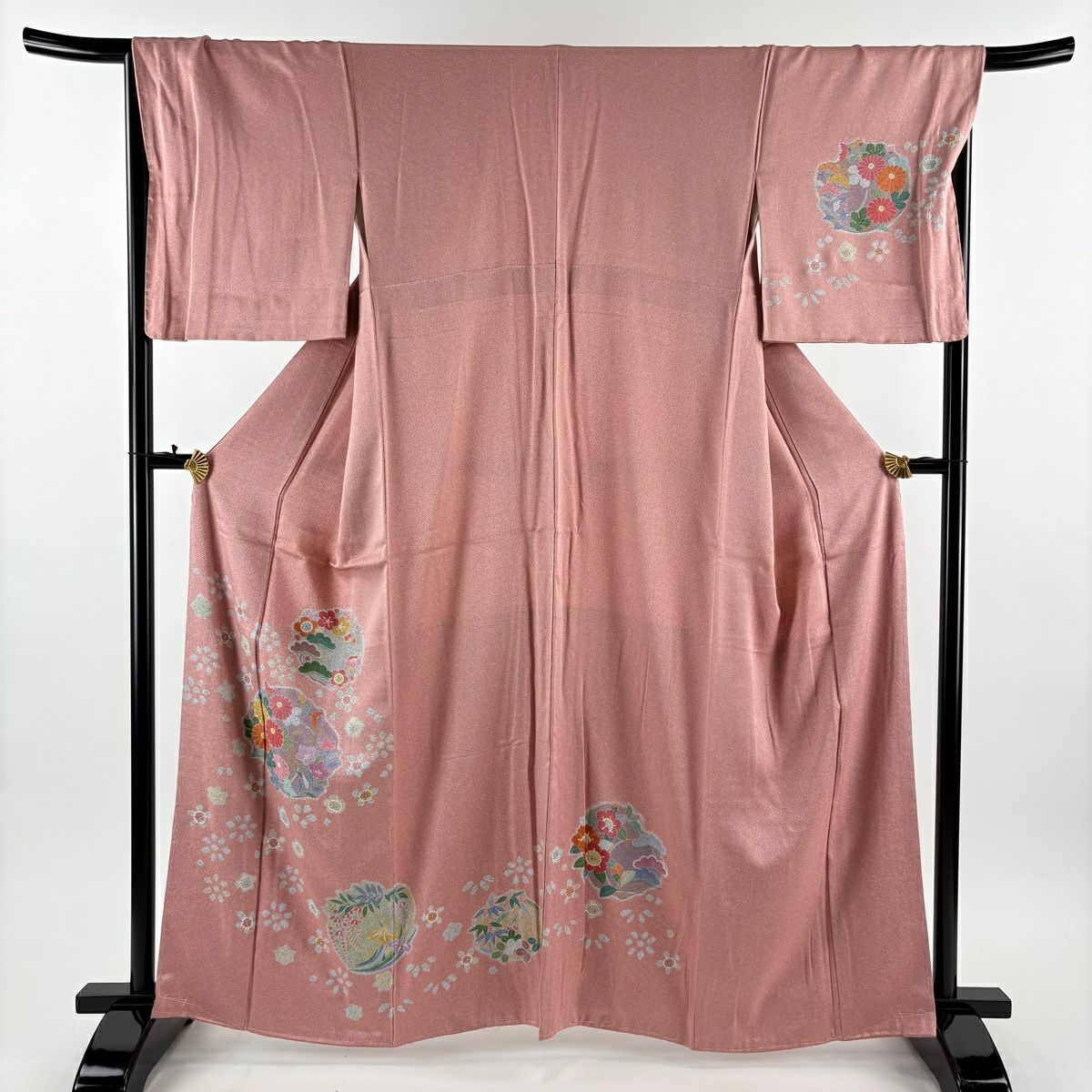 訪問服 身長161.5cm 袖長67cm M 雙層 花丸紋 梅花 金銀彩 粉紅 純蠶絲 優品級