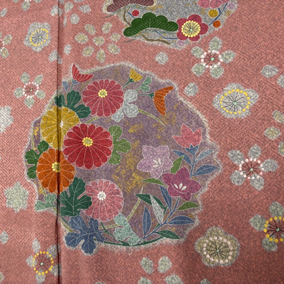 訪問服 身長161.5cm 袖長67cm M 雙層 花丸紋 梅花 金銀彩 粉紅 純蠶絲 優品級