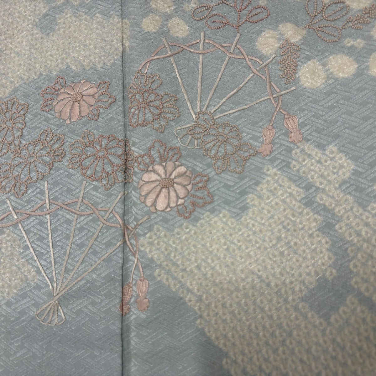 訪問服 身長156cm 袖長64cm M 雙層 花扇子 雪芝 刺繡 絞染 水色 純蠶絲 秀品級