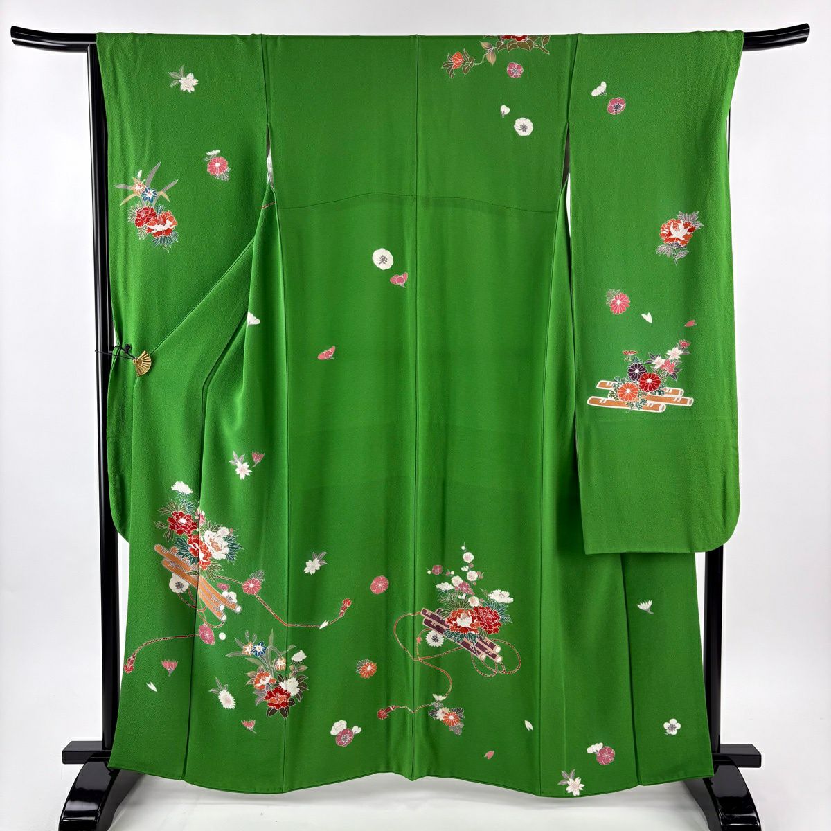振袖禮服 身長160cm 袖長67cm M 雙層 花筏 草花紋紋 絞染 綠 純蠶絲 秀品級