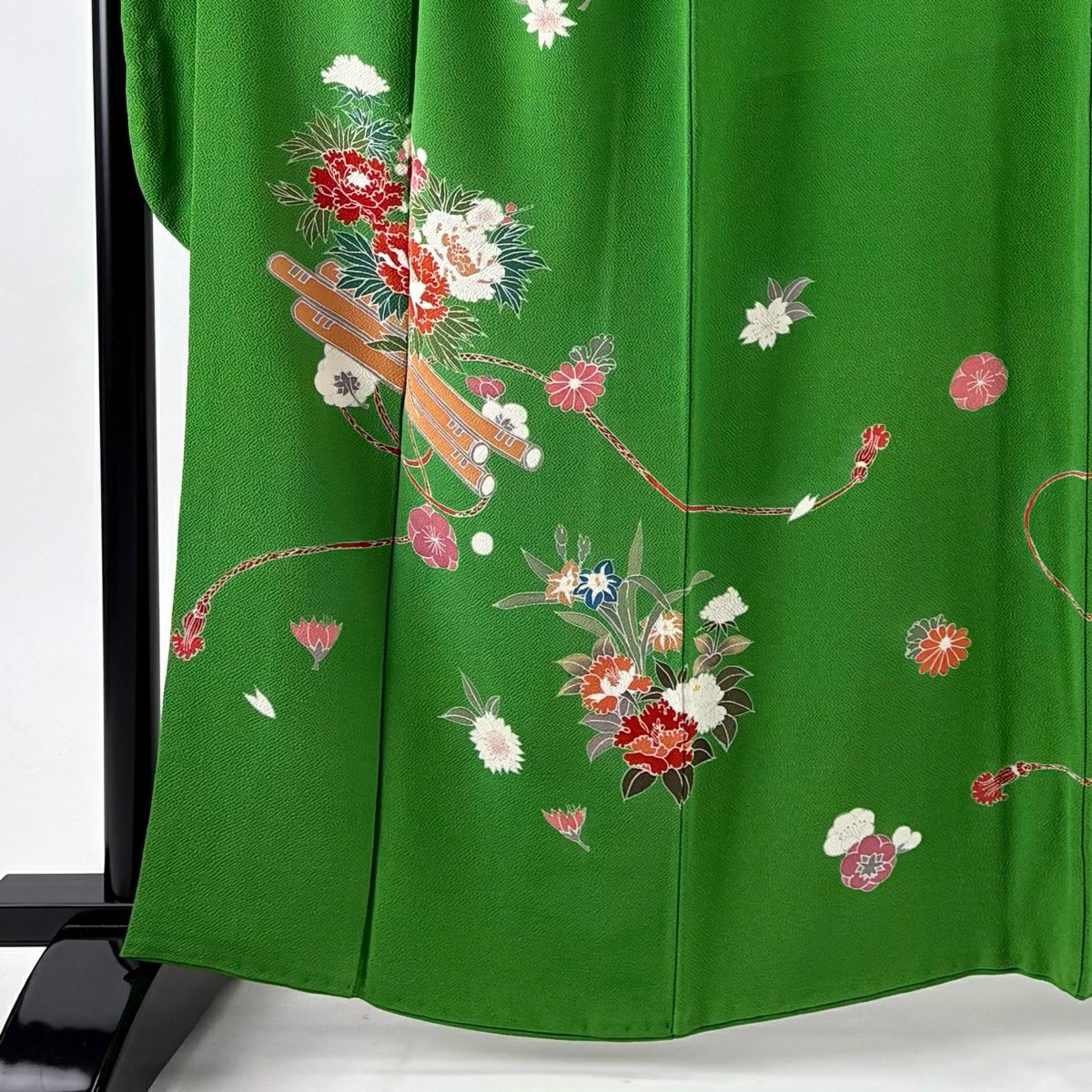 振袖禮服 身長160cm 袖長67cm M 雙層 花筏 草花紋紋 絞染 綠 純蠶絲 秀品級