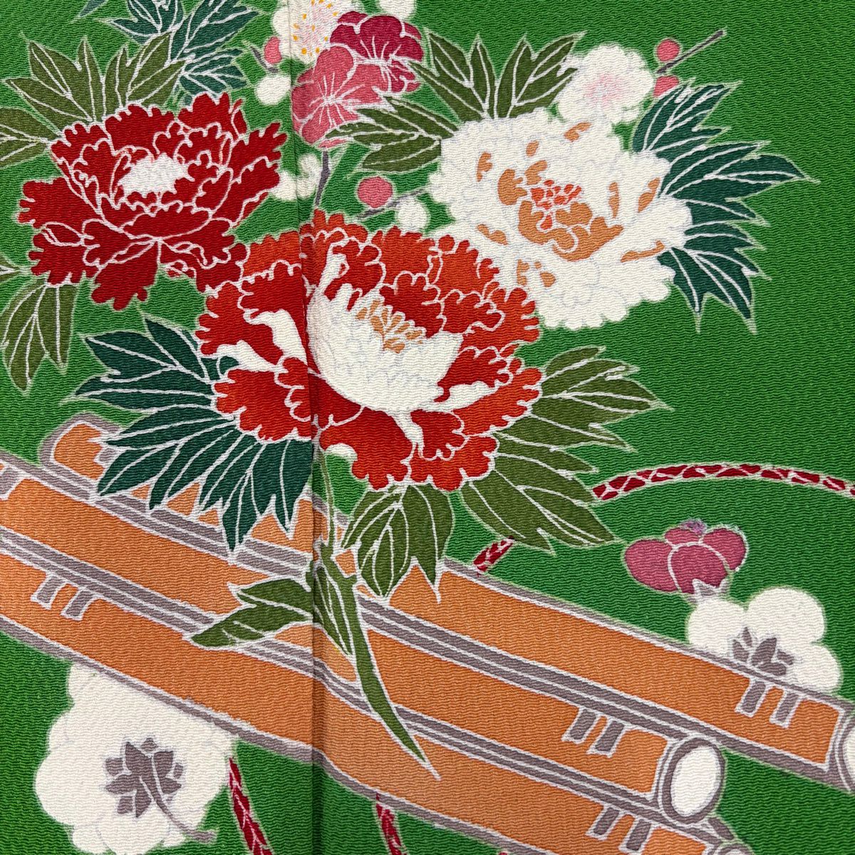 振袖禮服 身長160cm 袖長67cm M 雙層 花筏 草花紋紋 絞染 綠 純蠶絲 秀品級