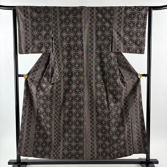 【美品】 紬織 身長155cm 袖長63cm S 雙層 ますいわ屋 華紋 菱 焦茶 純蠶絲 秀品級