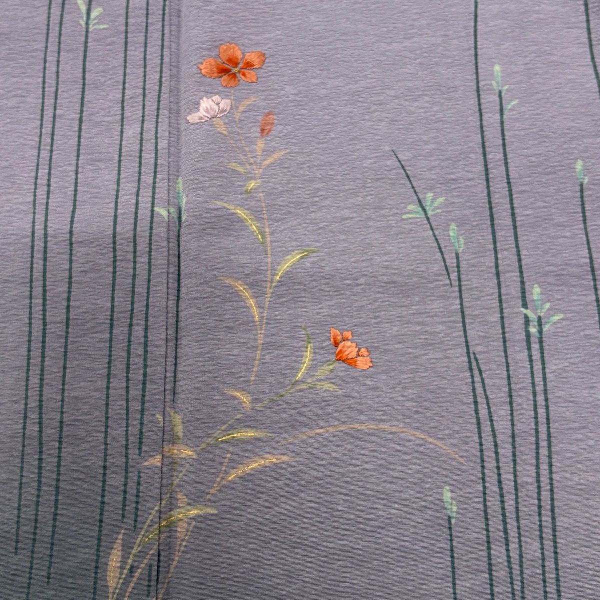 付下 身長158.5cm 袖長65cm M 雙層 草花紋紋 松樹梅花刺繡 金彩裝飾 淡紫 純蠶絲 優品級