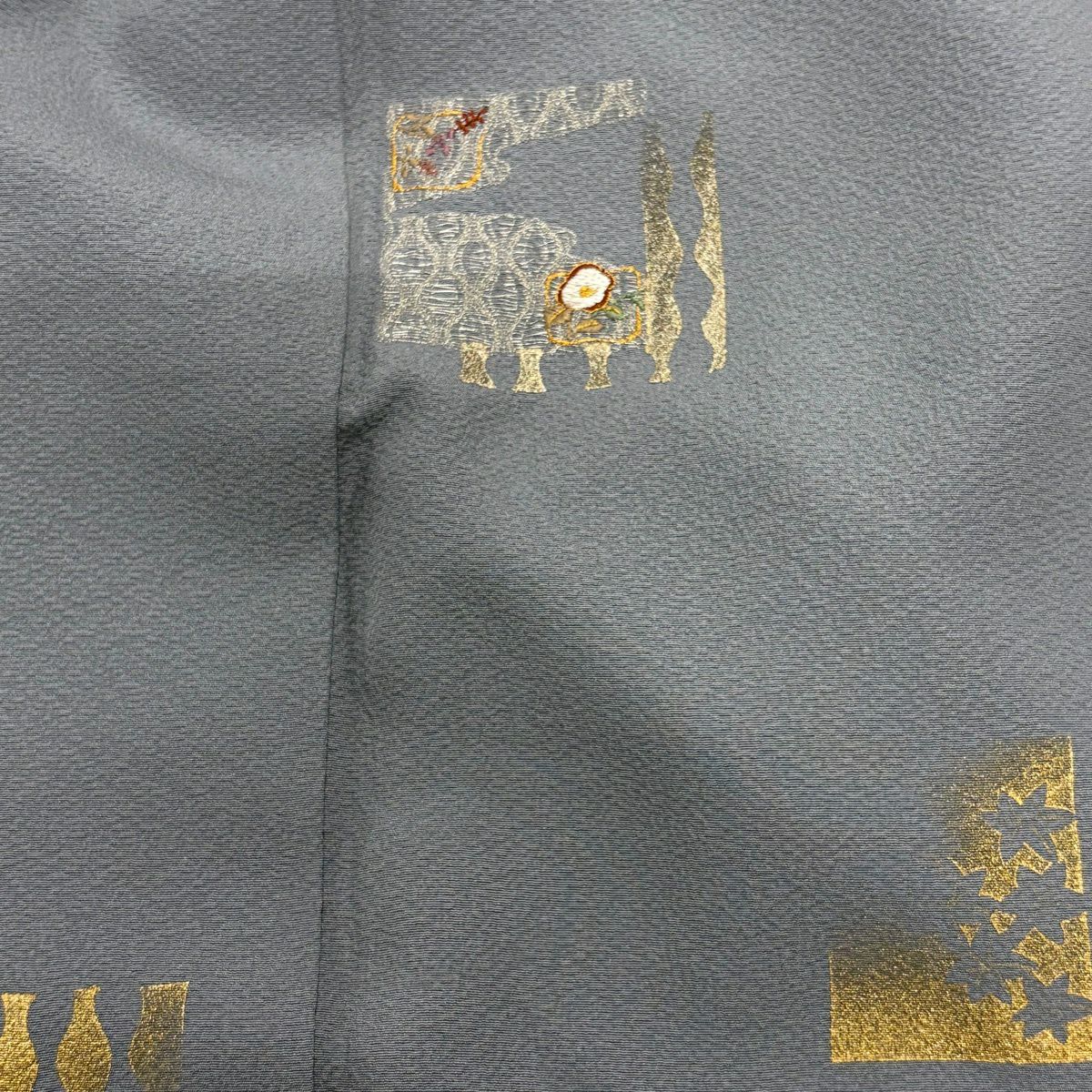 付下 身長165cm 袖長67cm M 雙層 草花紋紋 立涌刺繡 金銀彩 灰色 純蠶絲 秀品級