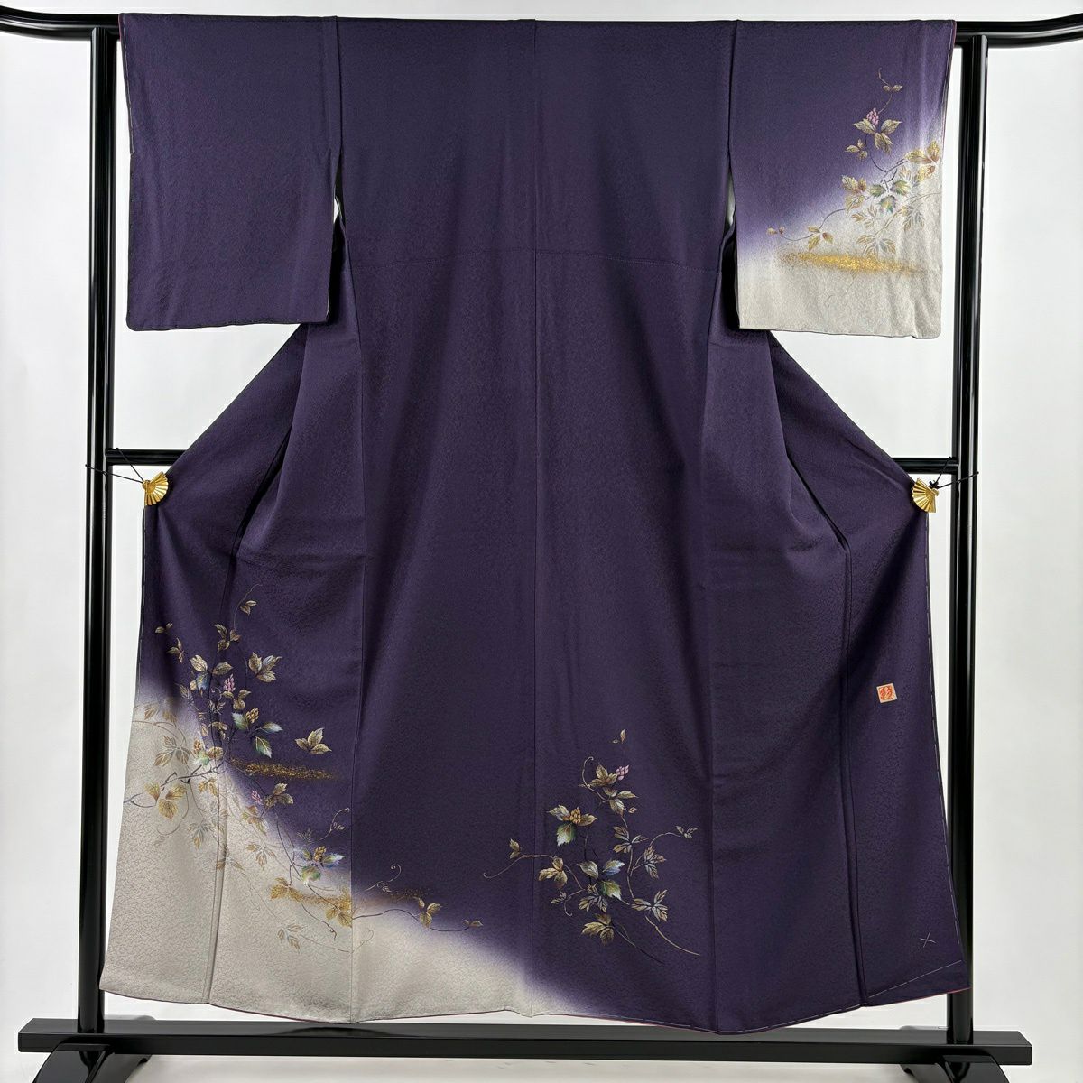 付下 身長155cm 袖長61.5cm S 雙層 大和 落款有 枝花 霞 金銀彩 染分 濃紫 純蠶絲 優品級