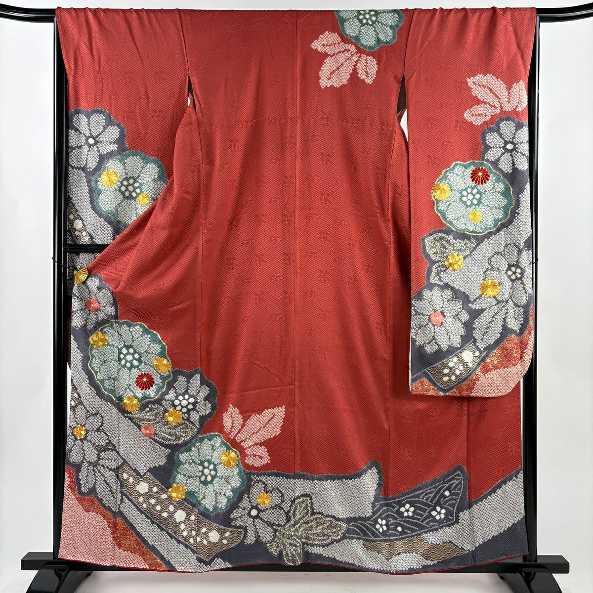 振袖禮服 身長159.5cm 袖長65.5cm M 雙層 菊花 梅花 刺繡 絞染 朱 純蠶絲 秀品級