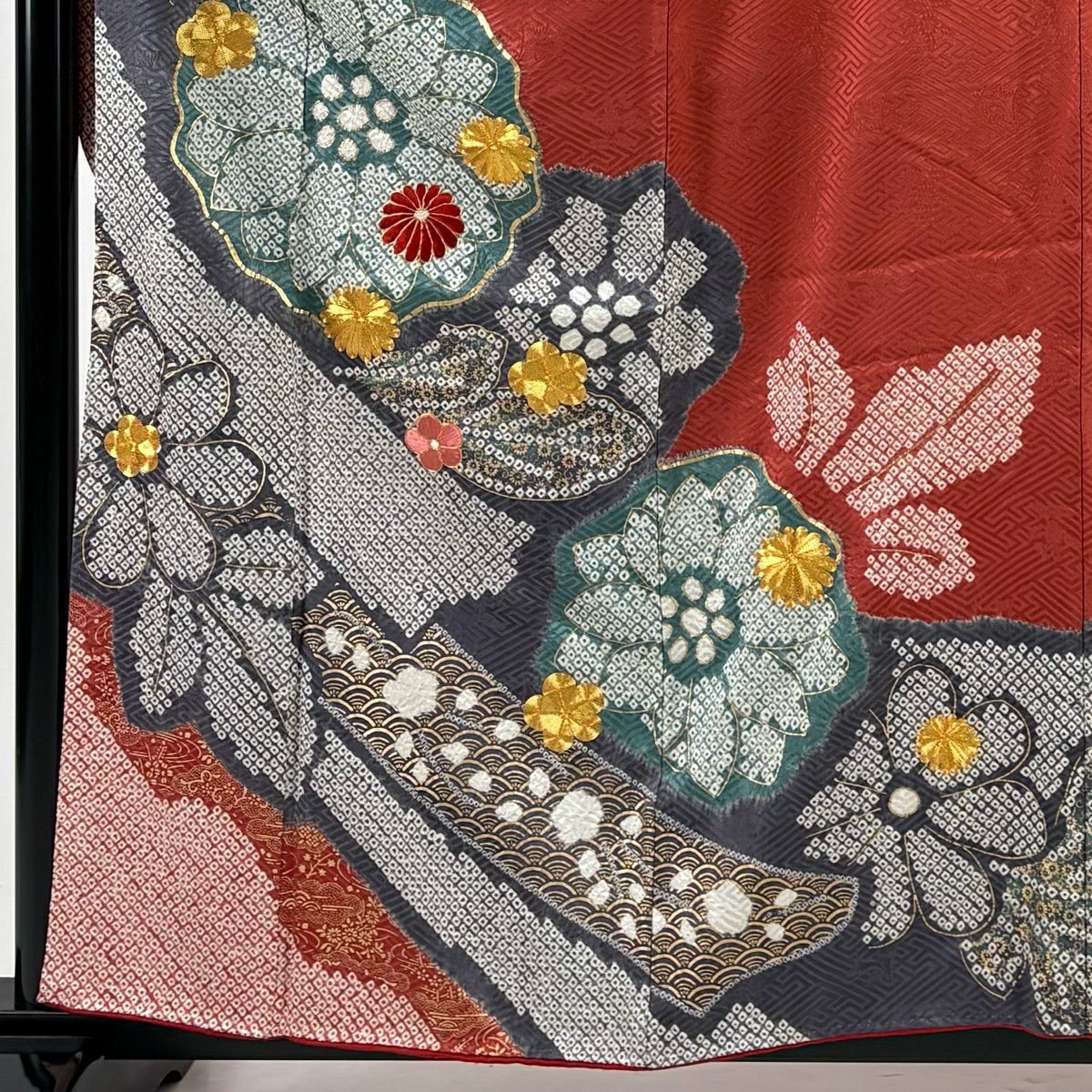 振袖禮服 身長159.5cm 袖長65.5cm M 雙層 菊花 梅花 刺繡 絞染 朱 純蠶絲 秀品級