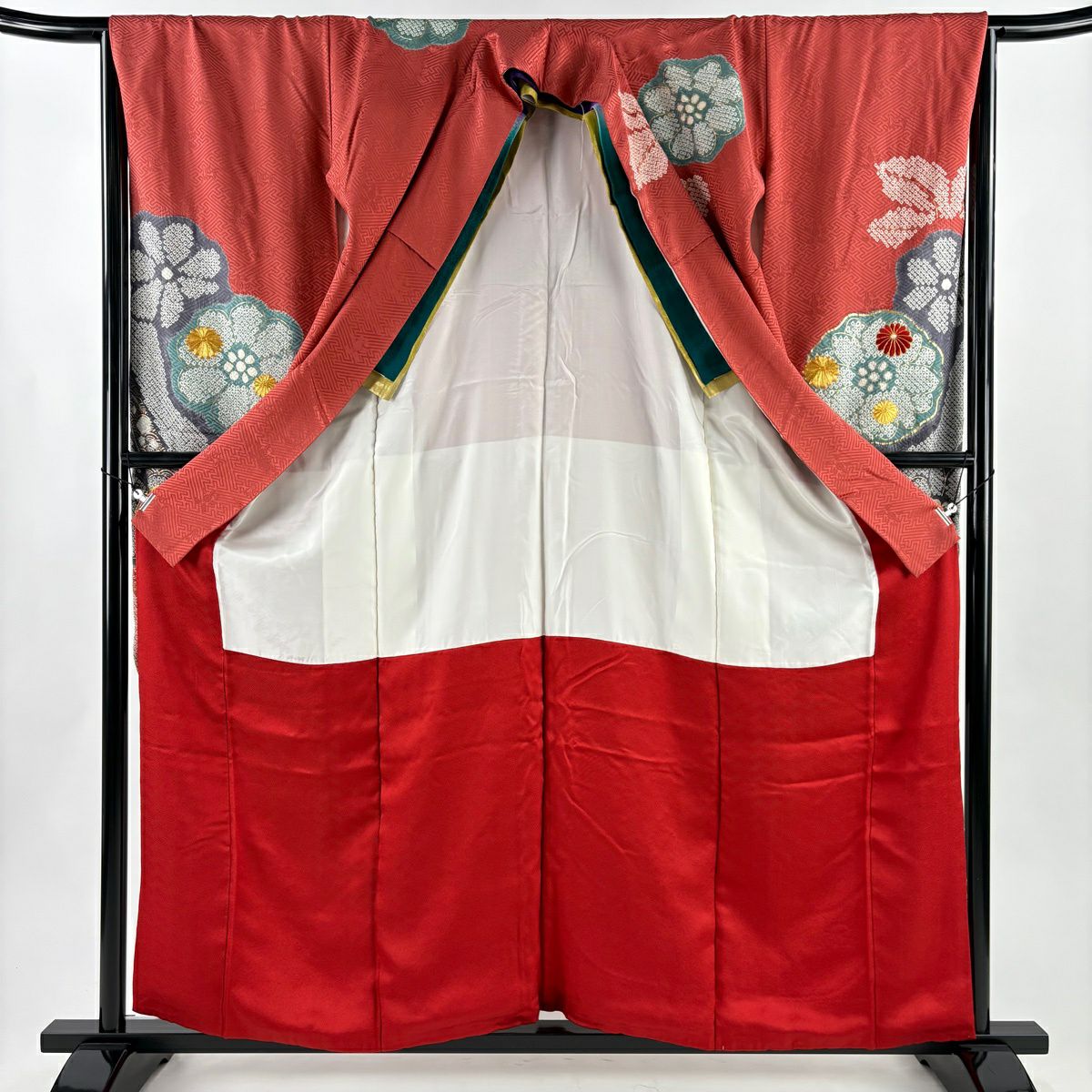 振袖禮服 身長159.5cm 袖長65.5cm M 雙層 菊花 梅花 刺繡 絞染 朱 純蠶絲 秀品級