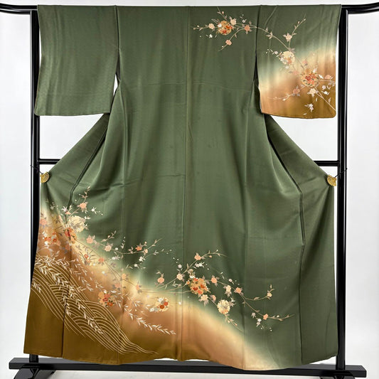 訪問服 身長156.5cm 袖長64cm M 雙層 雪輪 菊花 金銀彩 漸層 鶯綠 純蠶絲 秀品級