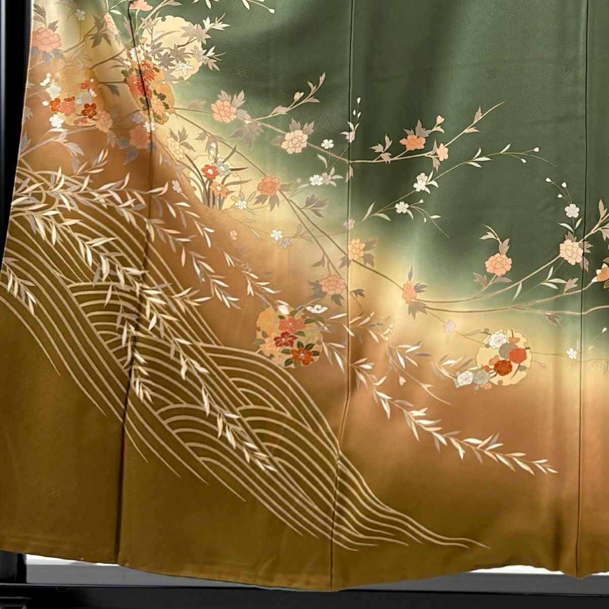 訪問服 身長156.5cm 袖長64cm M 雙層 雪輪 菊花 金銀彩 漸層 鶯綠 純蠶絲 秀品級