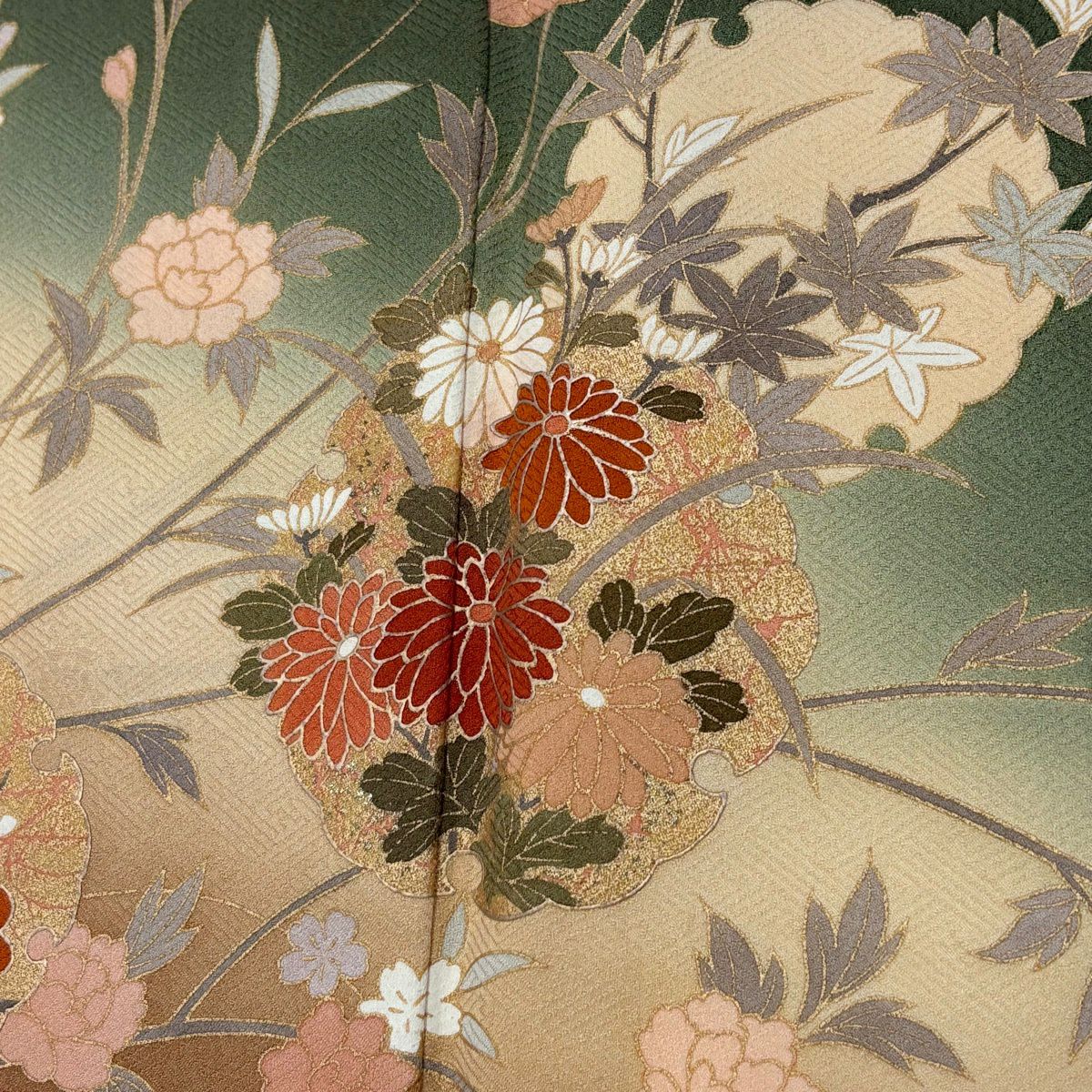訪問服 身長156.5cm 袖長64cm M 雙層 雪輪 菊花 金銀彩 漸層 鶯綠 純蠶絲 秀品級