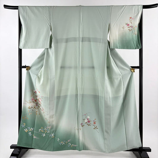 付下 身長159.5cm 袖長66cm M 雙層 落款 草花紋紋 萩 褪色 薄綠 純蠶絲 秀品級