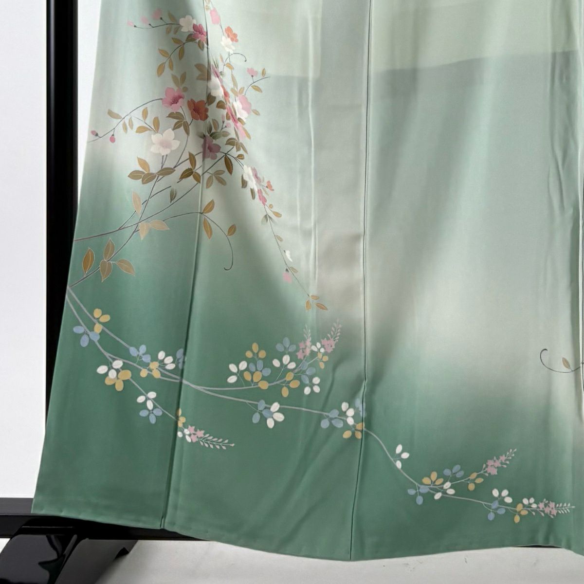 付下 身長159.5cm 袖長66cm M 雙層 落款 草花紋紋 萩 褪色 薄綠 純蠶絲 秀品級