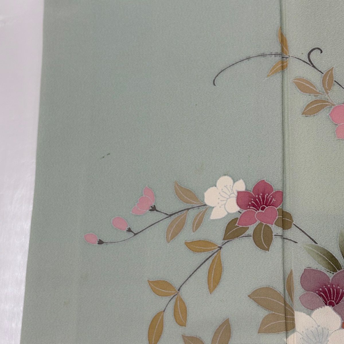 付下 身長159.5cm 袖長66cm M 雙層 落款 草花紋紋 萩 褪色 薄綠 純蠶絲 秀品級
