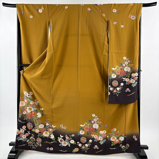振袖禮服 身長167cm 袖長67.5cm L 雙層 鈴乃屋 草花紋紋 手鞠 金絲 金銀彩 山吹茶 純蠶絲 秀品級