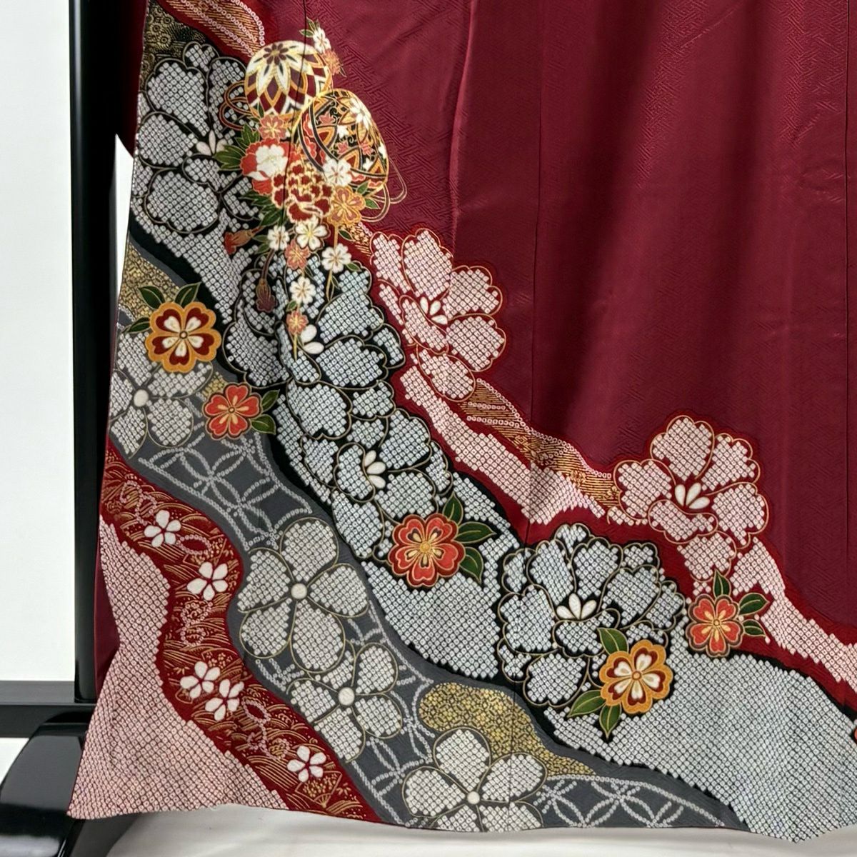振袖禮服 身長166cm 袖長66cm M 雙層 手鞠 牡丹 金絲 金銀彩 深紅 純蠶絲 優品級