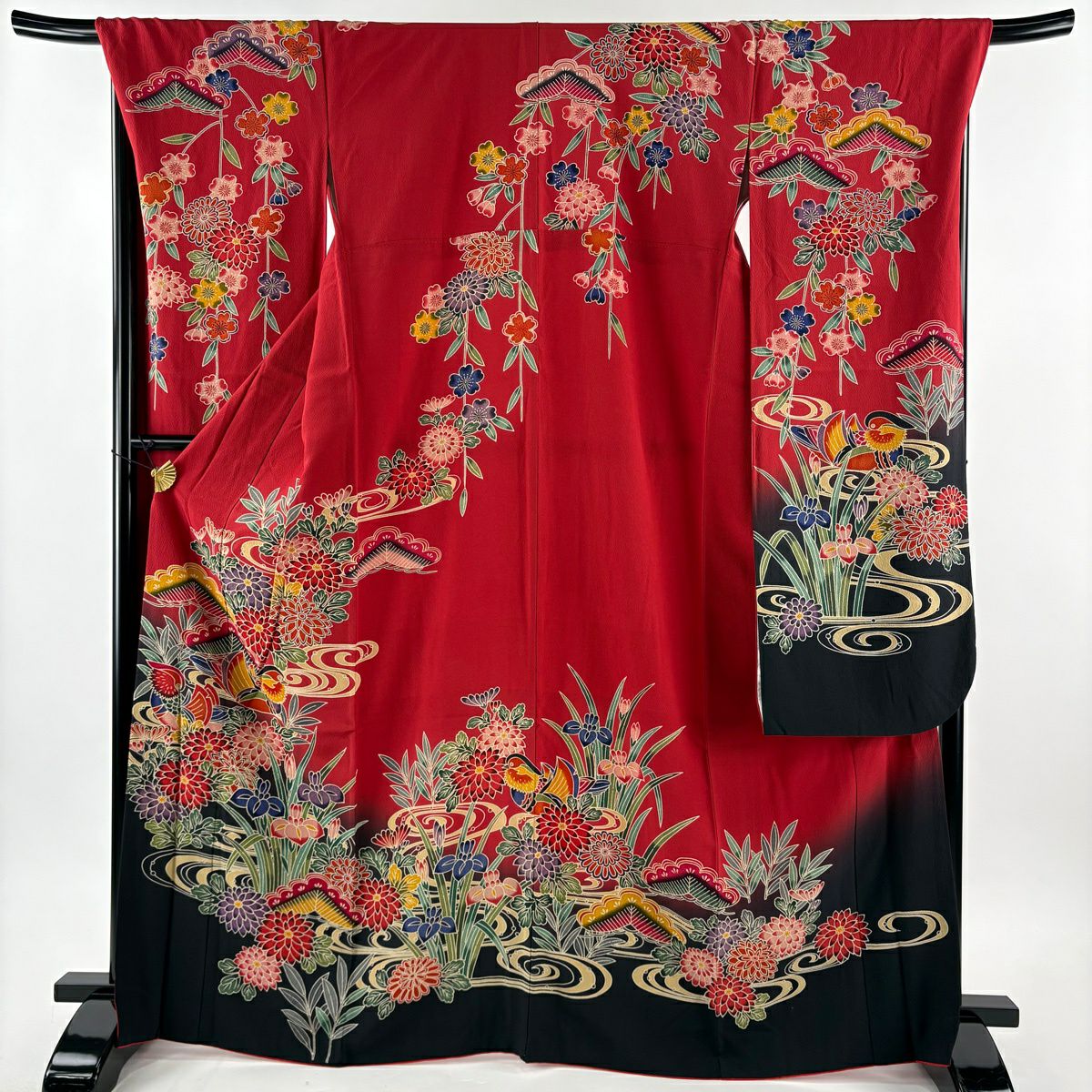 振袖禮服 身長167cm 袖長69.5cm L 雙層 菊花 鴛鴦 染分 紅 純蠶絲 秀品級