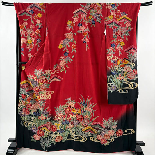 振袖禮服 身長167cm 袖長69.5cm L 雙層 菊花 鴛鴦 染分 紅 純蠶絲 秀品級