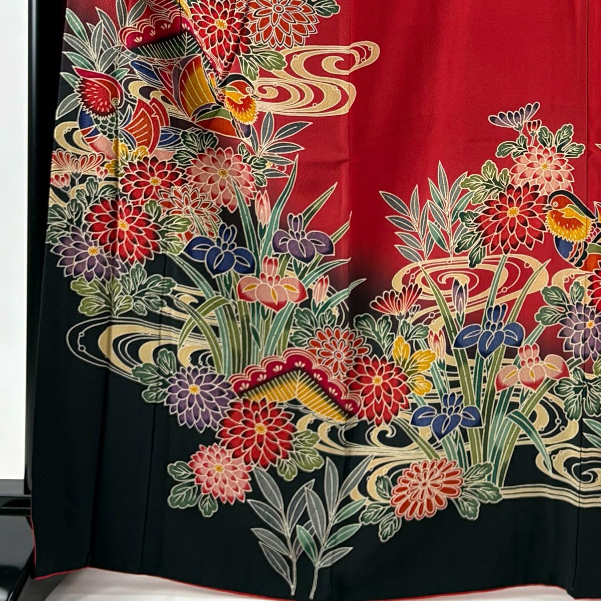振袖禮服 身長167cm 袖長69.5cm L 雙層 菊花 鴛鴦 染分 紅 純蠶絲 秀品級