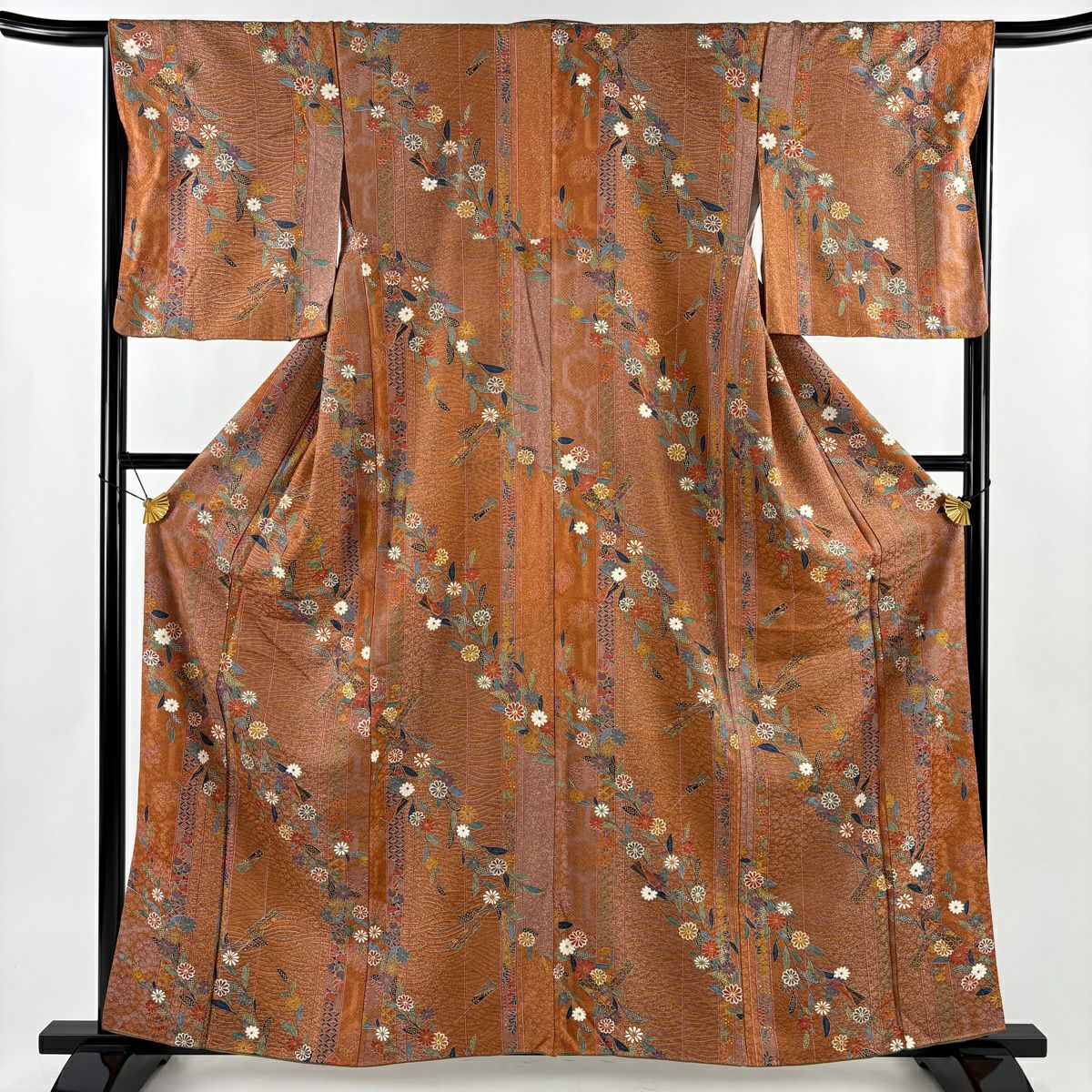 【美品】 小紋 身長161cm 袖長65cm M 雙層 菊花花 扇子子 金彩裝飾 橙色 純蠶絲 優品級