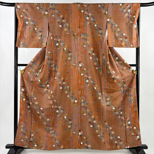 【美品】 小紋 身長161cm 袖長65cm M 雙層 菊花花 扇子子 金彩裝飾 橙色 純蠶絲 優品級