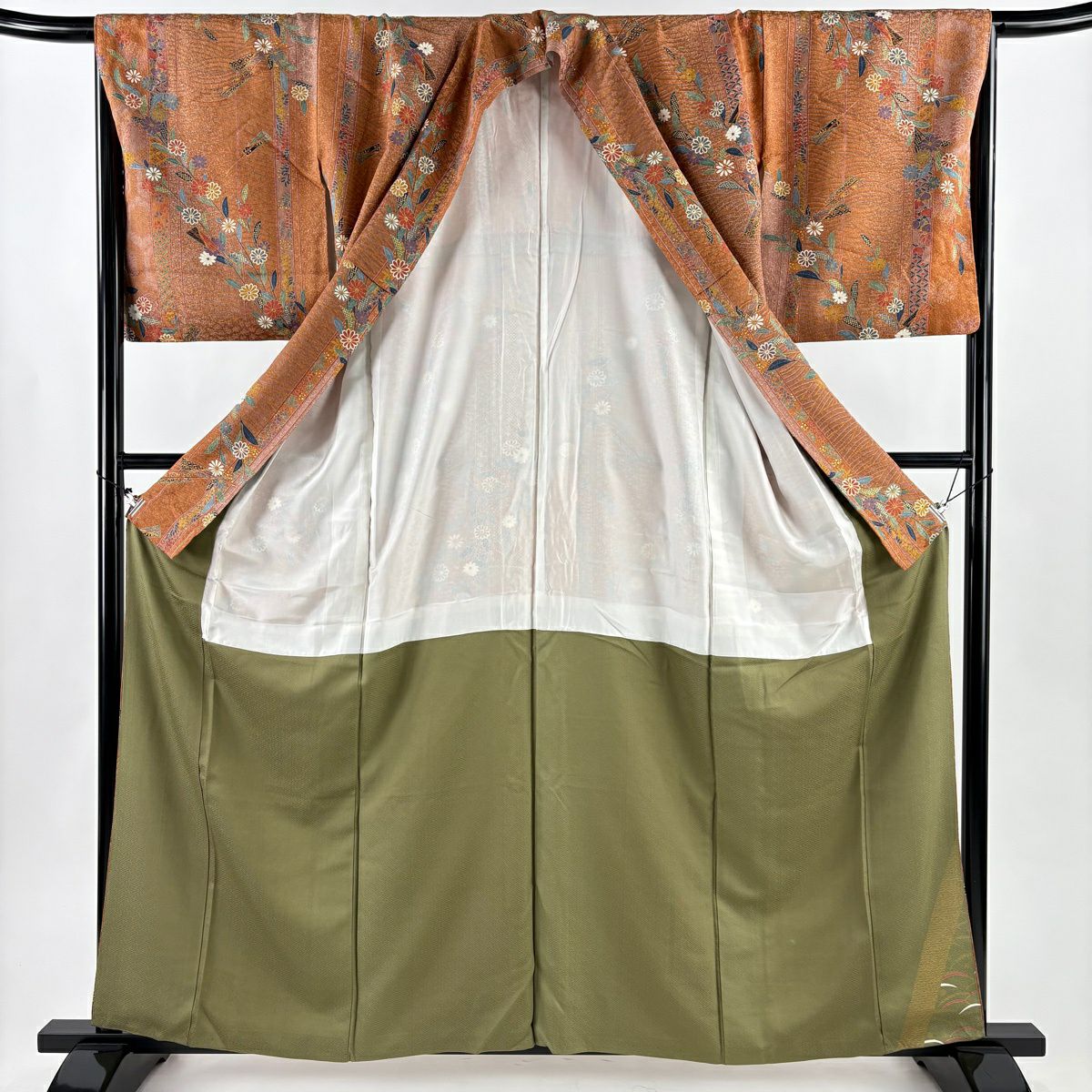 【美品】 小紋 身長161cm 袖長65cm M 雙層 菊花花 扇子子 金彩裝飾 橙色 純蠶絲 優品級