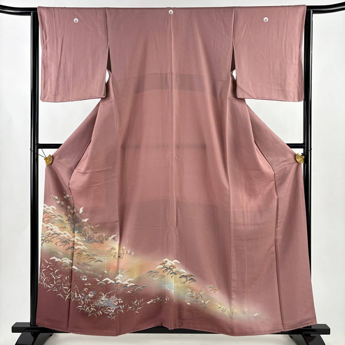 色留袖禮服 身長158.5cm 袖長63.5cm S 雙層 仙鶴 草花紋 金銀彩 染分 紅紫 純蠶絲 秀品級 三つ紋