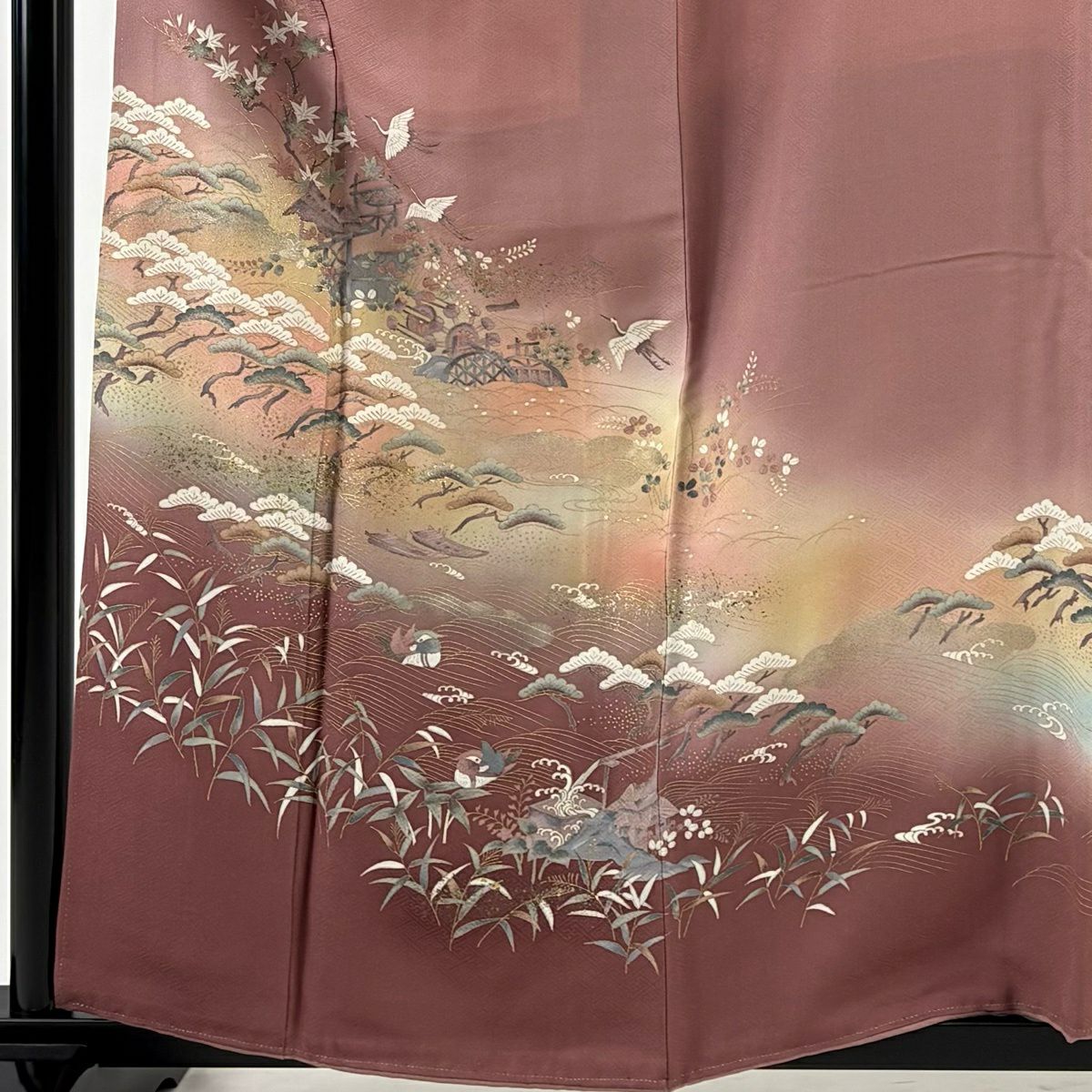 色留袖禮服 身長158.5cm 袖長63.5cm S 雙層 仙鶴 草花紋 金銀彩 染分 紅紫 純蠶絲 秀品級 三つ紋